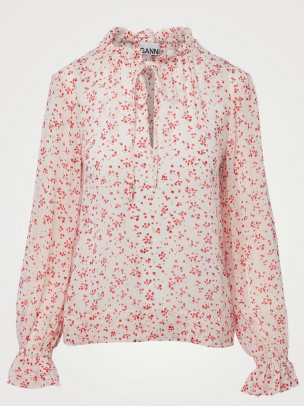 Ganni Cream Blouse with Pink Floral Tie Neck